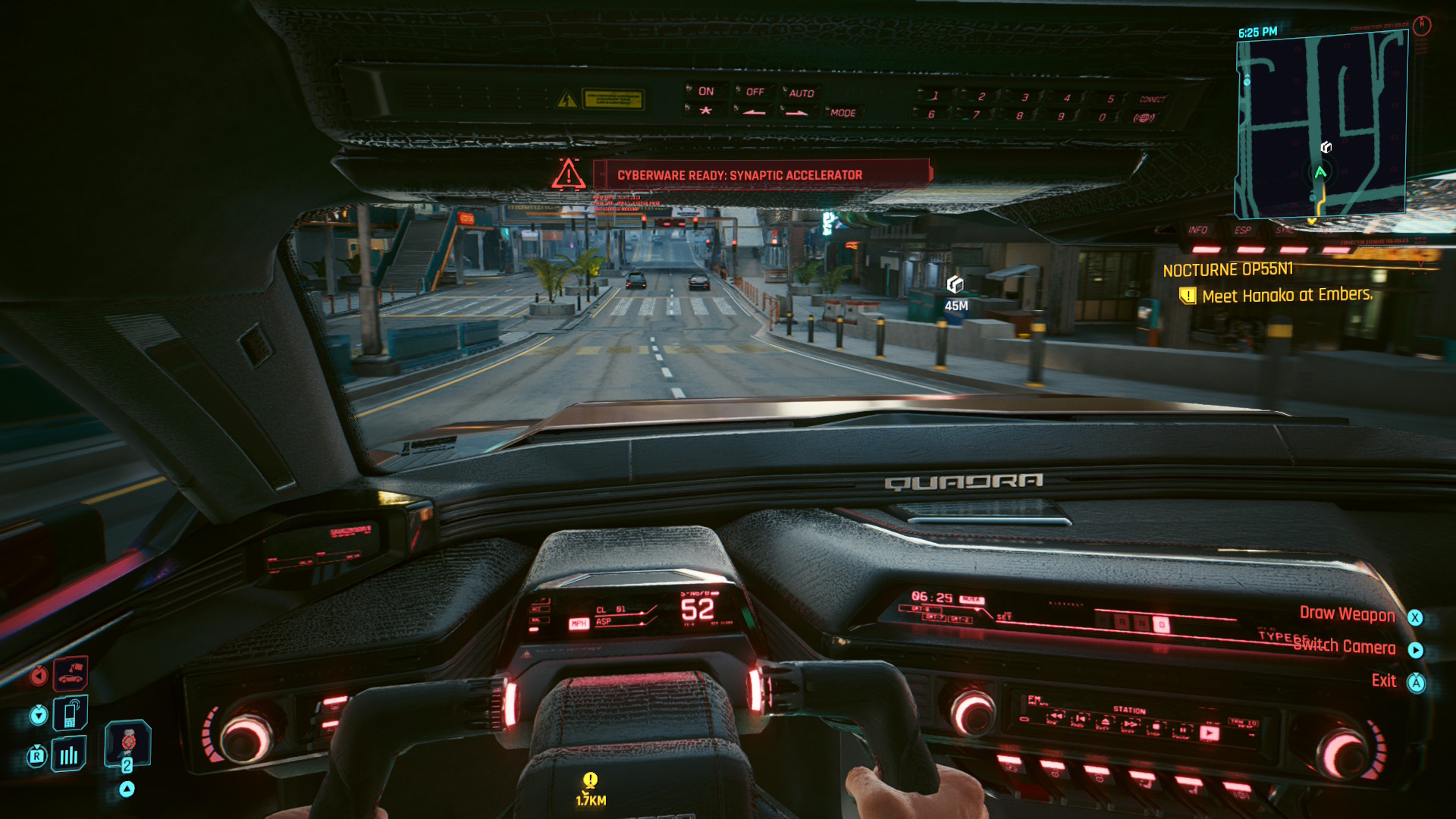 Cyberpunk 2077 Switch 2 gameplay showing V driving in a Quadra car first-person through the streets of Night City
