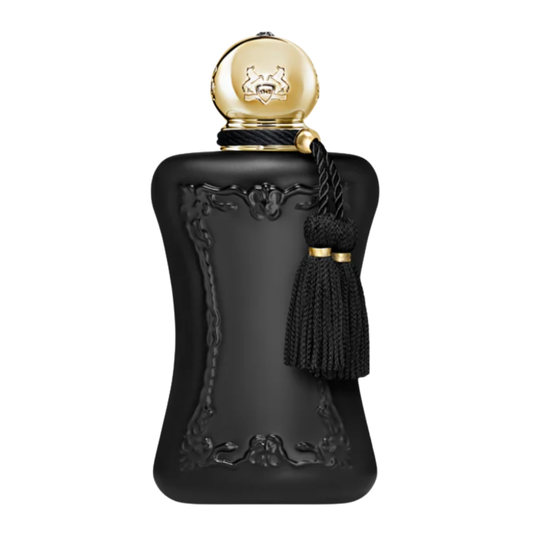 A product shot of the Parfums de Marly Athalia Eau de Parfum, with its black bottle and tassels, on a white background