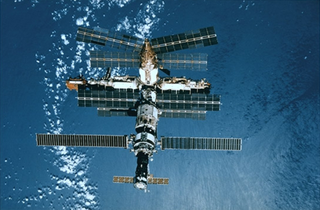 Russia’s Mir space station seen from Space Shuttle Atlantis during the approach for docking on 15 January 1997