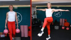 Gabby Logan doing menopause workout with kettlebell in each hand and standing on one leg
