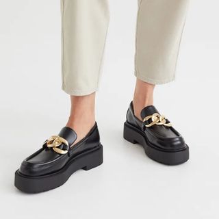 chain front black loafers