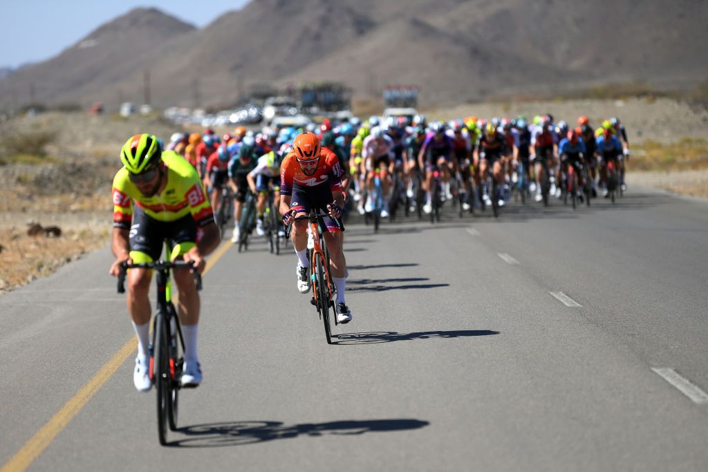 YITTI HILLS OMAN FEBRUARY 14 Stephen Bassett of The United States and Team Human Powered Health competes during the 12th Tour of Oman 2023 Stage 4 a 2049km stage from Izki to Yitti Hills 147m TourofOman on February 14 2023 in Yitti Hills Oman Photo by Alex BroadwayGetty Images