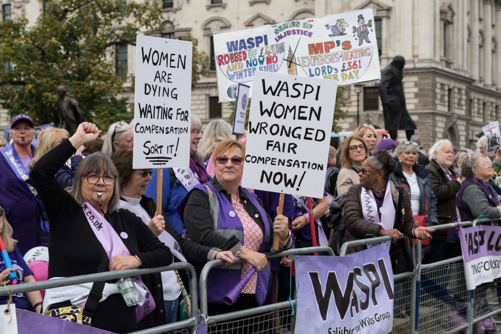 Waspi campaigners and their supporters demonstrate in Parliament Square on Budget Day, 30 October 2024