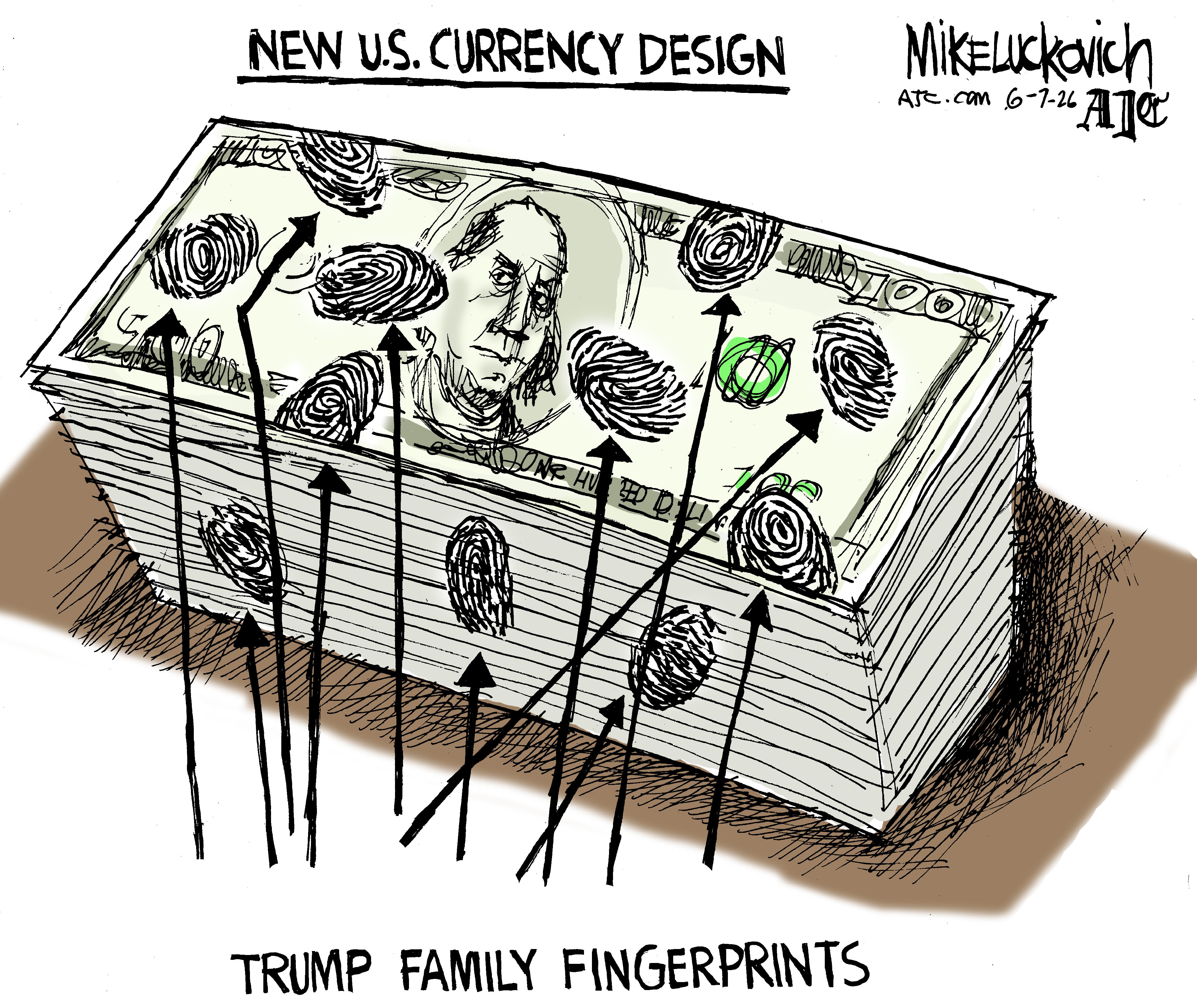 This cartoon depicts a stack of $100 bills covered in fingerprints and is titled &amp;ldquo;Trump Family Fingerprints&amp;rdquo; with arrows pointing to each of the many fingerprints left by the grifters.