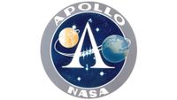 a circular emblem featuring a large white letter 'A', the words 'Apollo' and "NASA' and a depiction of the moon and Earth