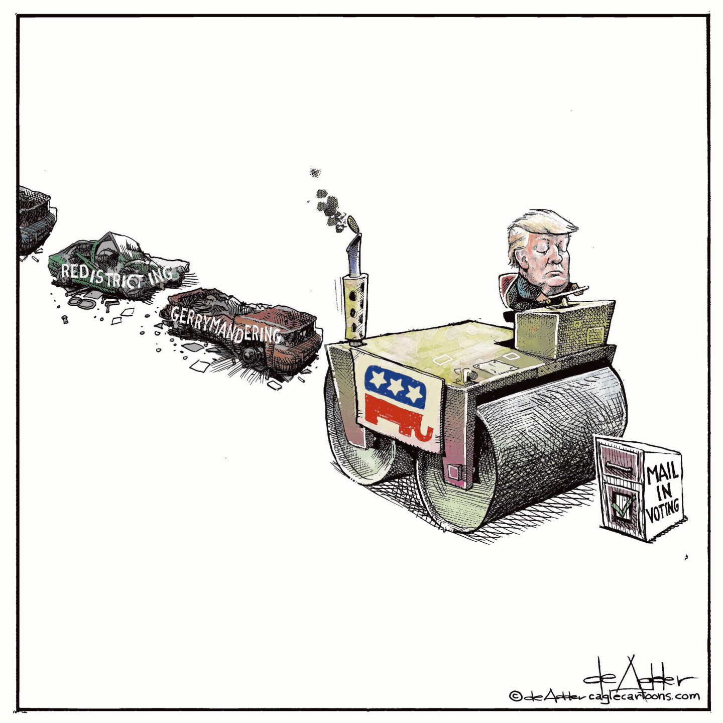 This cartoon depicts Donald Trump driving a bulldozer with a Republican party elephant on the side. The bulldozer has driven over and flattened “Redistricting” and “Gerrymandering” and is about to crush a ballot box labeled “Mail In Voting”.