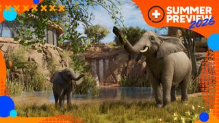 Elephants in Planet Zoo 2 surrounded by GamesRadar+ summer preview article badging