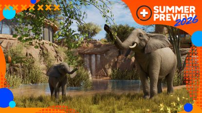 Elephants in Planet Zoo 2 surrounded by GamesRadar+ summer preview article badging