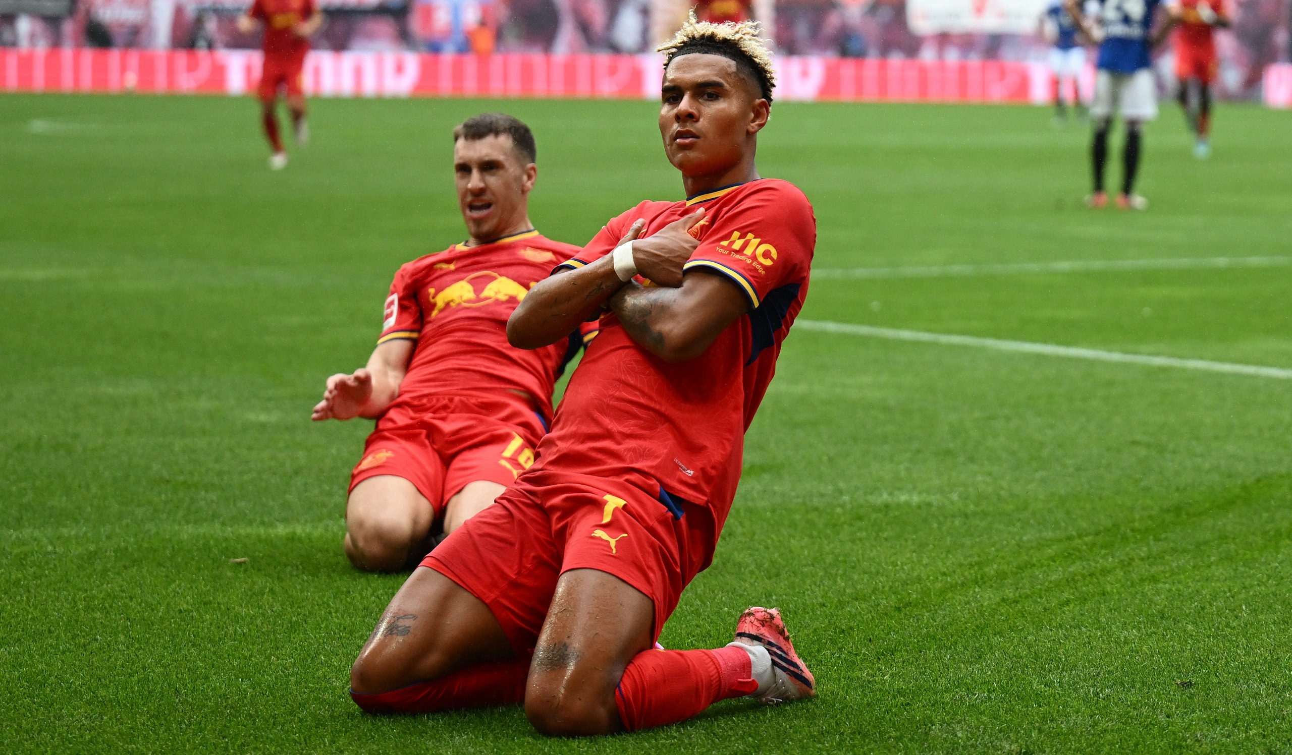 Antonio Nusa of RB Leipzig celebrates after scoring his teams second goal during the Bundesliga 2026/27 match against Hamburger SV at Red Bull Arena on September 13, 2026 in Leipzig, Germany
