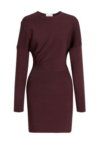 Ganni Ruched Ribbed-Knit Mini Dress