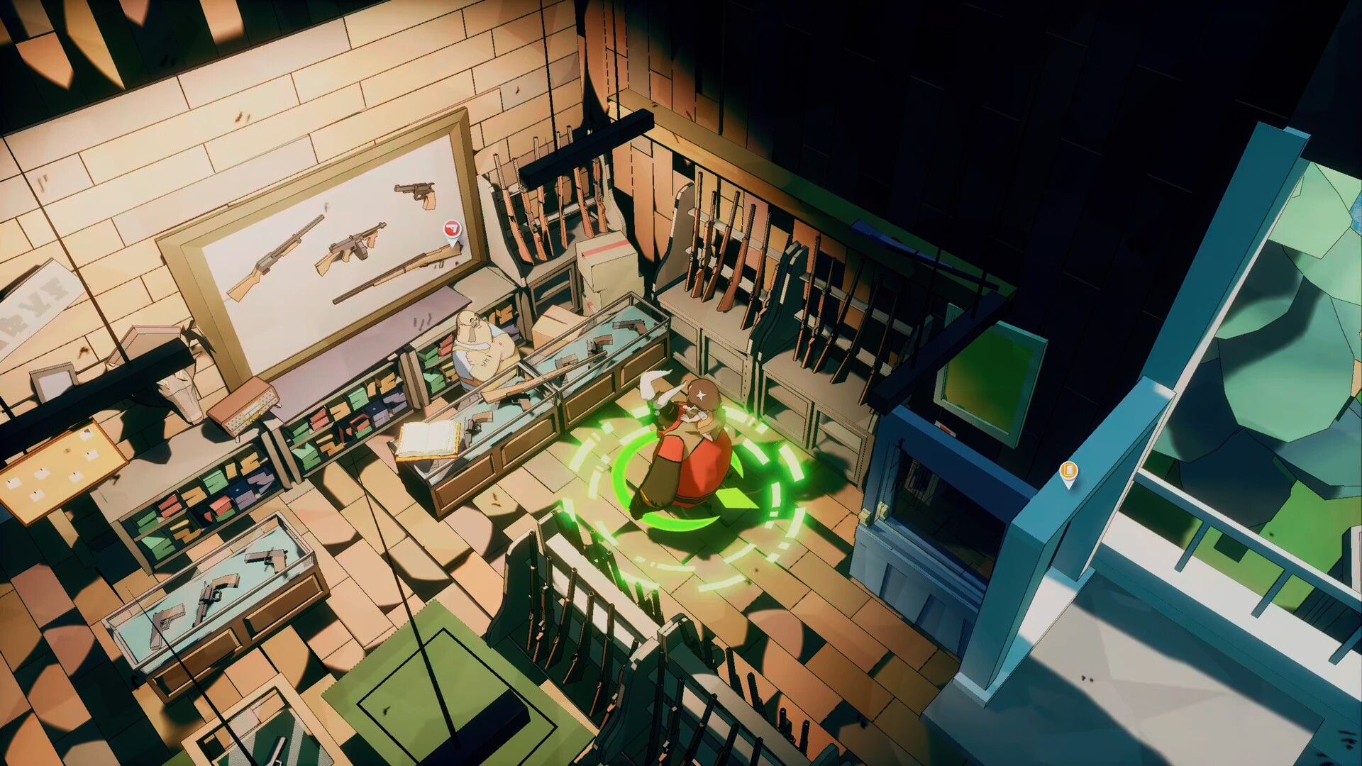 Damon and Baby screenshot showing Damon with a baby on his back speaking to shopkeeper