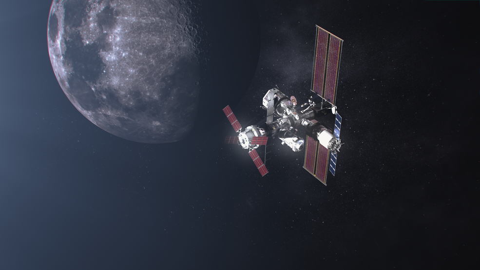 Artist&#039;s concept of the Gateway moon-orbiting space station.