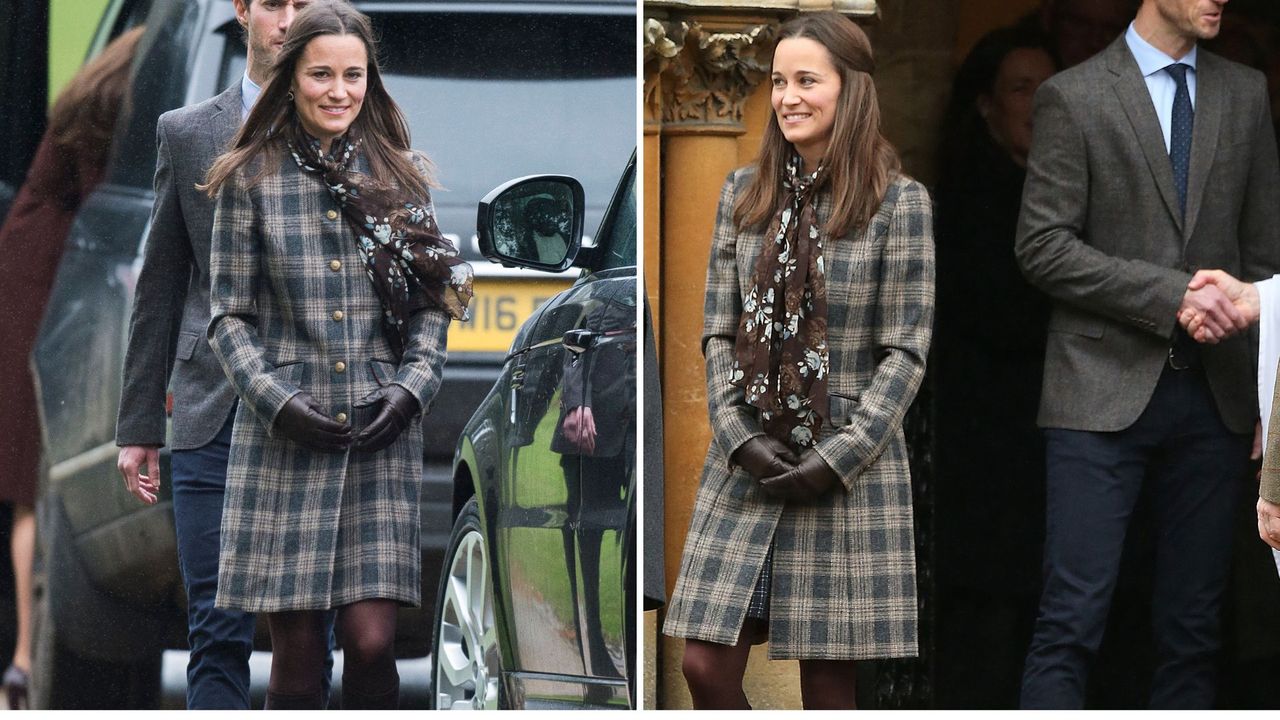 Composite of two pictures of Pippa Middleton wearing a checked coat and brown knee high boots on Christmas Day in 2016