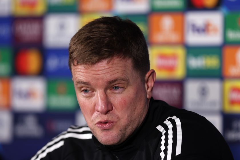 NEWCASTLE UPON TYNE, ENGLAND - FEBRUARY 24: Eddie Howe, Manager of Newcastle United, speaks to the media in a post match press conference following the UEFA Champions League 2025/26 League Knockout Play-off Second Leg match between Newcastle United FC and Qarabag FK at St James&amp;apos; Park on February 24, 2026 in Newcastle upon Tyne, England. (Photo by George Wood - UEFA/UEFA via Getty Images)