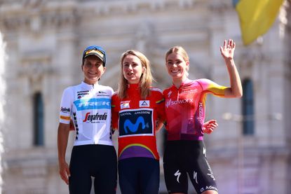 Elisa Longo Borghini, Annemiek van Vleuten and Demi Vollering stand on the podium after the final stage of the 2022 Vuelta España Femenina
