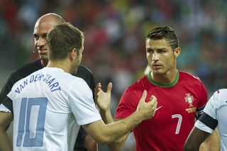 (L-R) Rafael van der Vaart of Holland, Cristiano Ronaldo of Portugal during the friendly match between Portugal and Netherlands at Algarve stadium on August 14, 2013 in Faro, Portugal(Photo by VI Images via Getty Images)