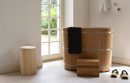 a japanese soaking tub in a bathroom