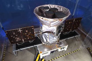 The TESS spacecraft in NASA's Payload Hazardous Servicing Facility at Kennedy Space Center.