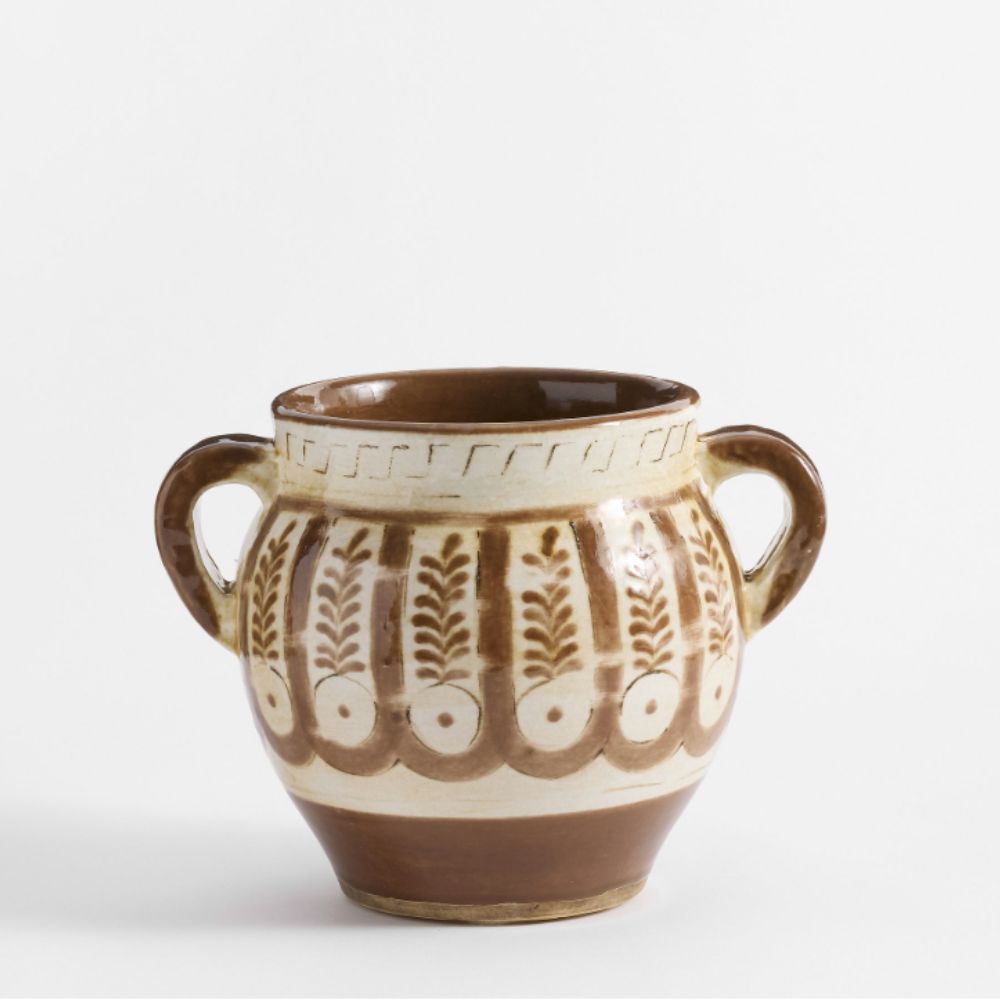 Brown patterned vase with handles