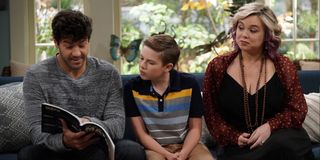 Jordan Masterson as Ryan Vogelson, Jet Jurgensmeyer as Boyd Baxter, and Amanda Fuller as Kristin Baxter in Last Man Standing.