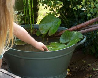 child creating a pond in a pot as a gardening with children idea