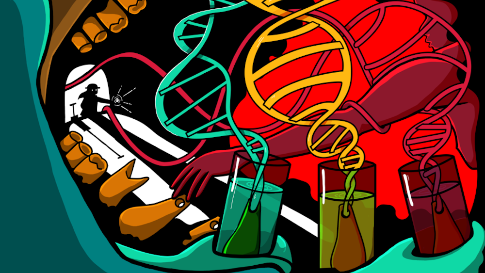 An artist&#039;s drawing that depicts DNA extraction from an ancient artifact. 