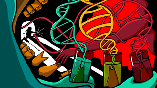 An artist's drawing that depicts DNA extraction from an ancient artifact. 