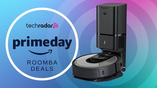 Prime Day Roomba Deals next to a Roomba and its charging station