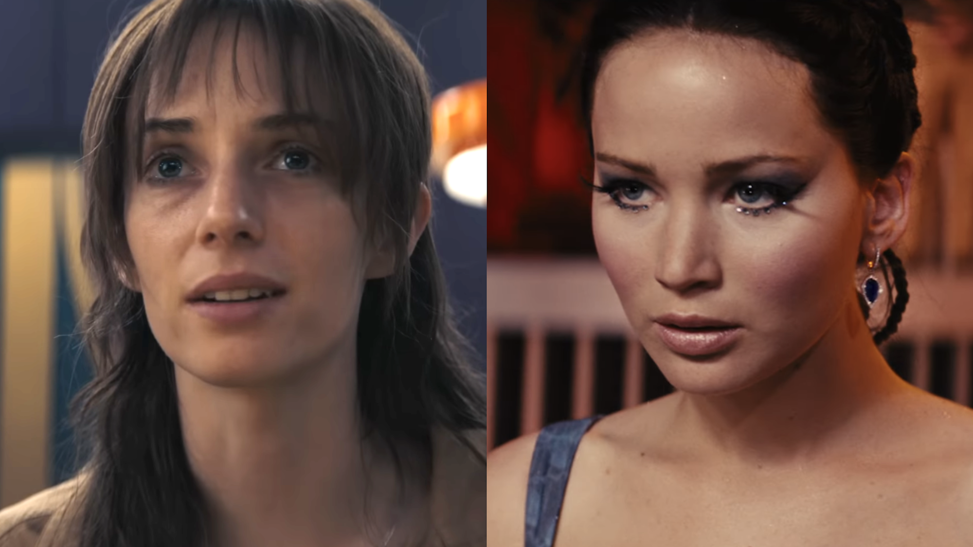 Maya Hawke as Wiress in Sunrise on the Reaping and Jennifer Lawrence  as Katniss Everdeen in Hunger Games 