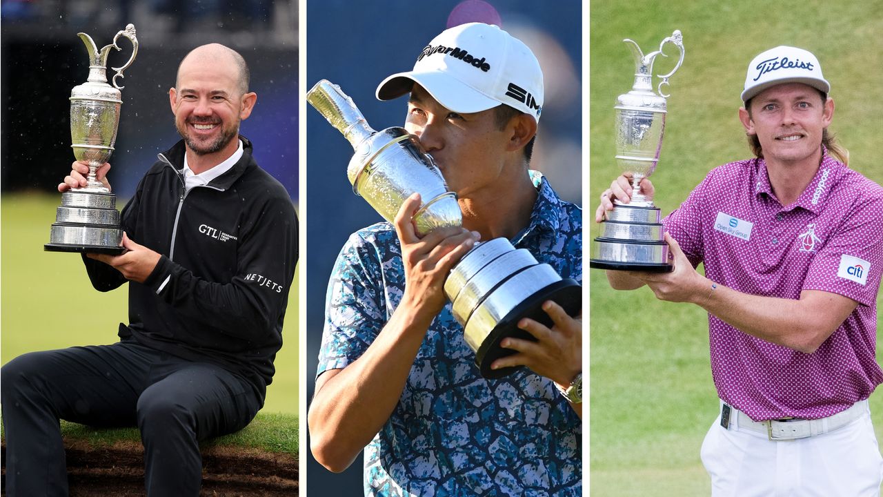 Brian Harman, Collin Morikawa and Cam Smith holding the Claret Jug after winning the Open Championship