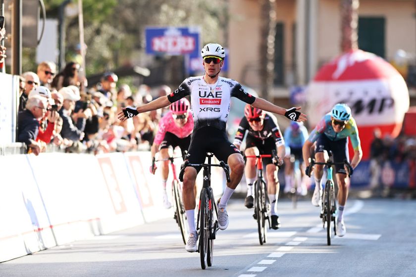 LAIGUEGLIA ITALY MARCH 05 Juan Ayuso Pesquera of Spain and UAE Team Emirates XRG celebrates at finish line as race winner during the 62nd Trofeo Laigueglia 2025 a 197km one day race from Laigueglia to Laigueglia on March 05 2025 in Laigueglia Italy Photo by Dario BelingheriGetty Images