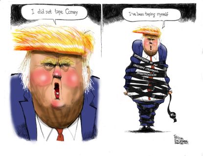 Political cartoon U.S. Trump tapes obstruction of justice