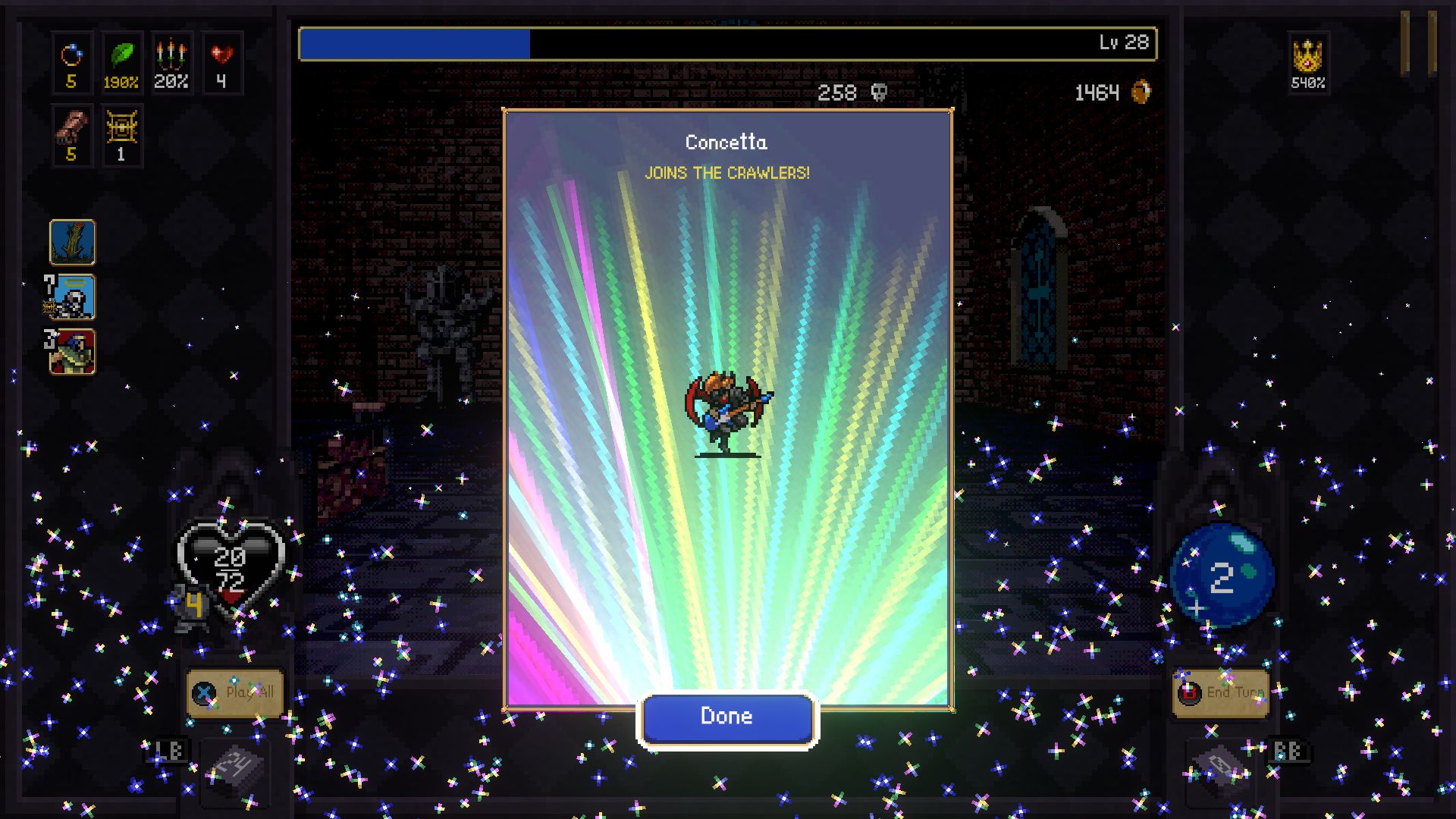 Screenshot of a video game shows a character named Coneetta joining a team. The background features colorful light rays and sparkling stars