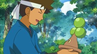 Brock stares lovingly at his new Bonsly Pokemon.