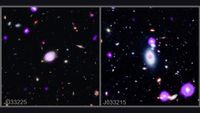 Two images side by side showing galaxies and black holes in bright purple against a starry background
