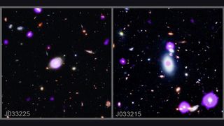 Two images side by side showing galaxies and black holes in bright purple against a starry background
