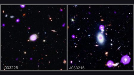 Two images side by side showing galaxies and black holes in bright purple against a starry background