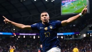 Kylian Mbappe of France celebrates ahead of the Netherlands vs France Euro 2024 qualifier
