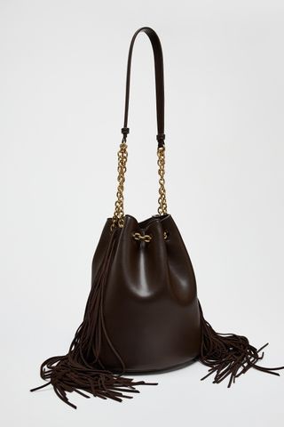 Cylindrical Bucket Bag With Fringing