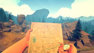 Reading a map with a compass in the countryside in Firewatch