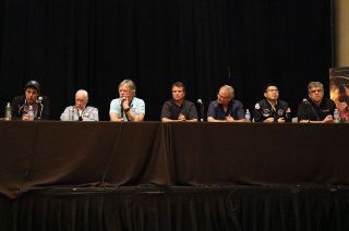 The "First Man" panel at Spacefest in Tucson, Arizona, on July 7, 2018. From left to right: screenwriter Josh Singer, astronaut Al Worden, Rick and Mark Armstrong, artists Chris Calle and Ryan Nagata and author Rick Houston.