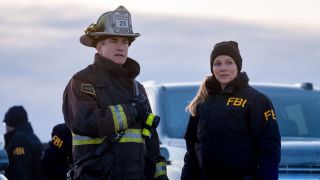 Pascal chatting with Upton at the airfield in One Chicago 2026 crossover