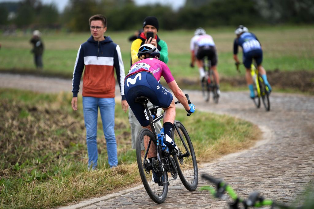 ROUBAIX FRANCE OCTOBER 02 Annemiek Van Vleuten of Netherlands and Movistar Team Pink UCI Womens WorldTour Leader Jersey competes through cobblestones sector during the 1st ParisRoubaix 2021 Womens Elite a 1164km race from Denain to Roubaix ParisRoubaixFemmes ParisRoubaix on October 02 2021 in Roubaix France Photo by Tim de WaeleGetty Images