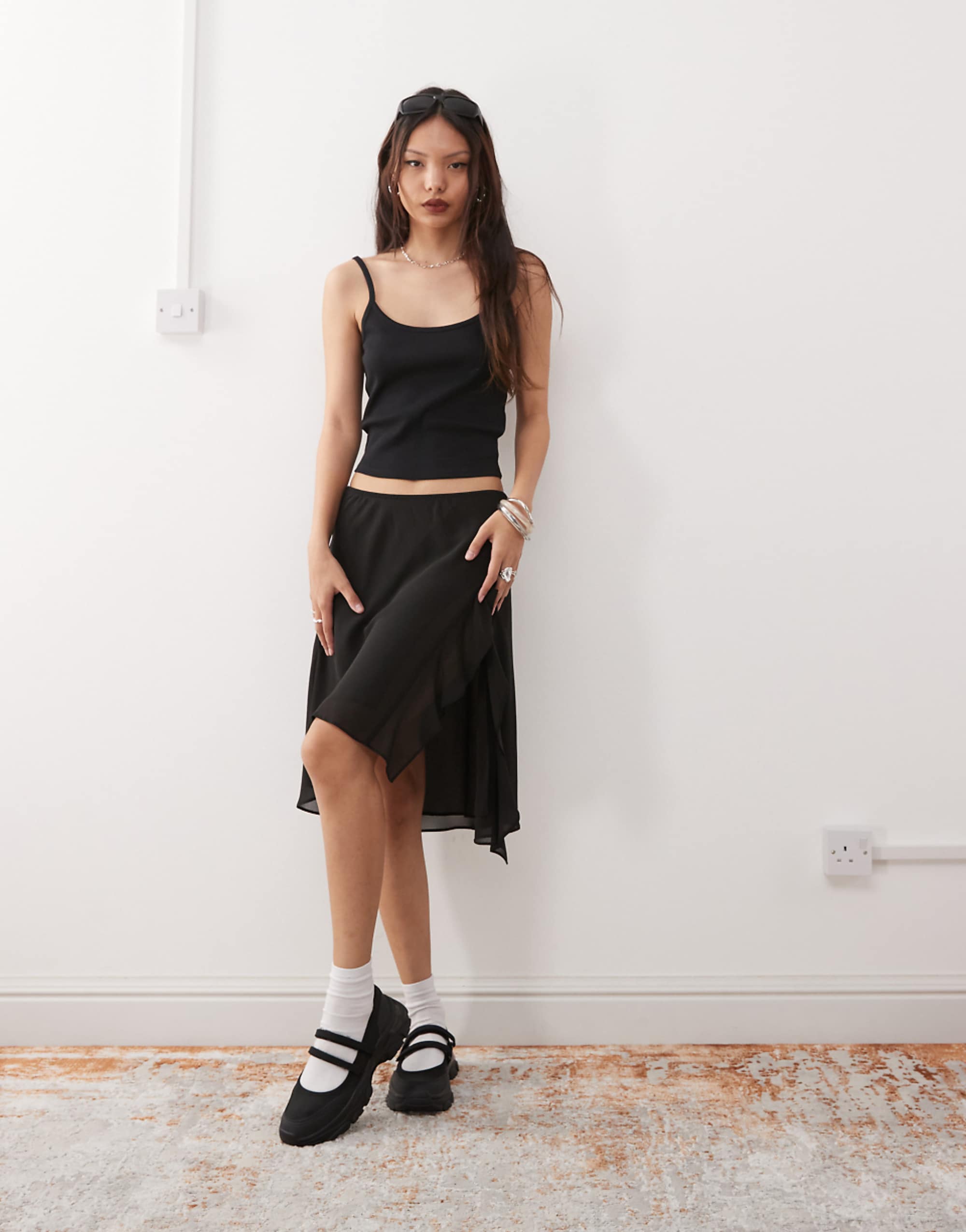 Weekday Sheer Asymmetric Chiffon Midi Skirt in Black