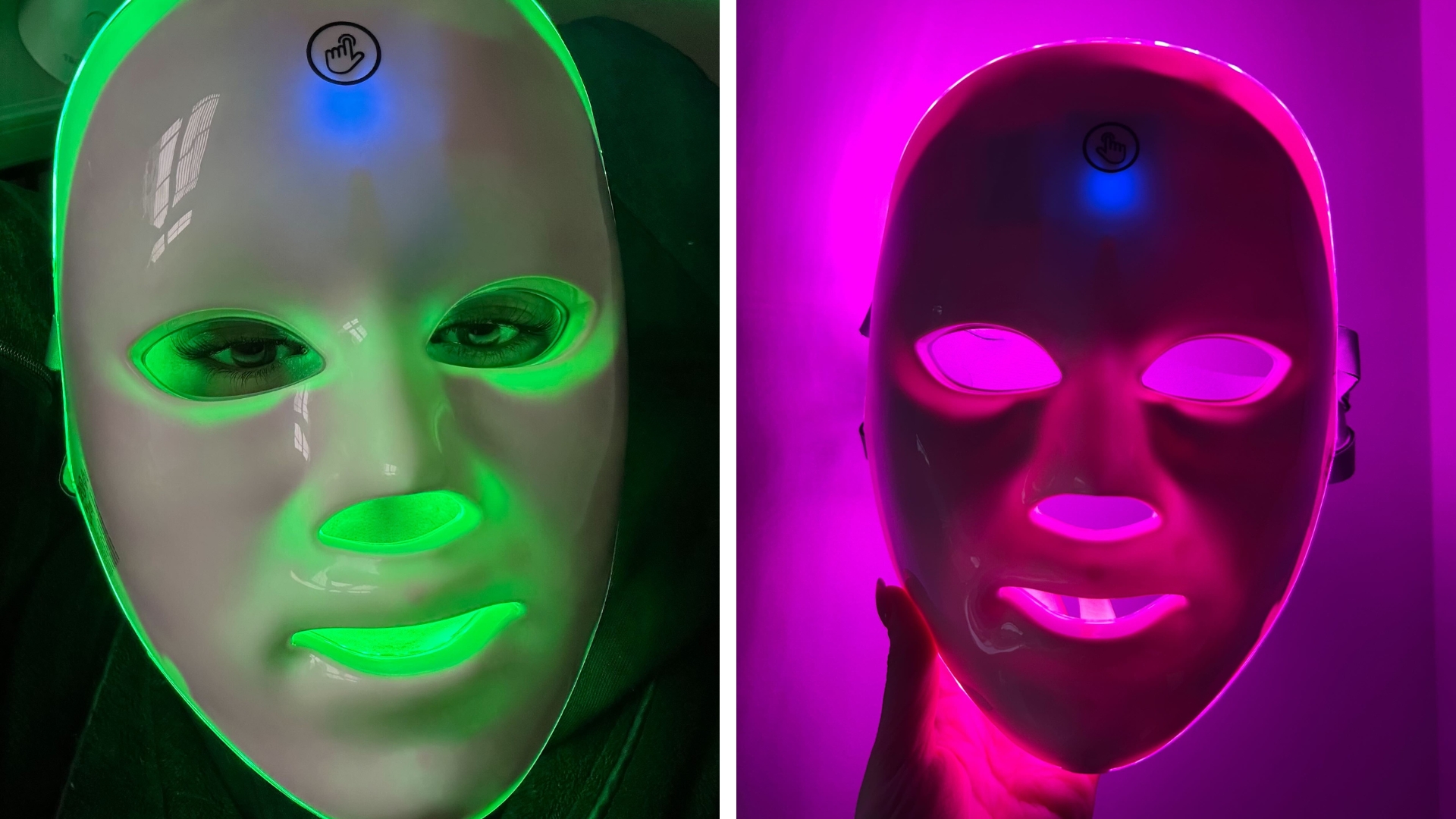 On the left, an image of Sennen wearing the Boots LED face mask while using the green light, and on the right an image of a hand holding the LED mask with the pink light on