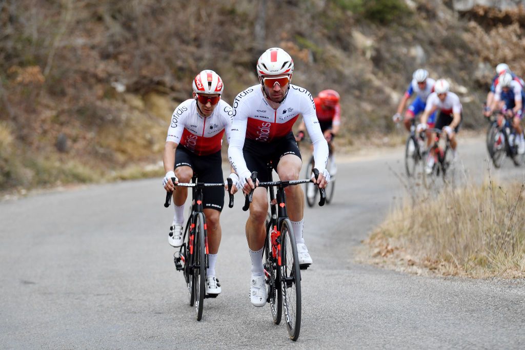 MANOSQUE FRANCE FEBRUARY 12 LR Bryan Coquard of France and PierreLuc Perichon of France and Team Cofidis compete during the 6th Tour de La Provence 2022 Stage 2 a 1806km stage from Arles to Manosque 417m TDLP22 on February 12 2022 in Manosque France Photo by Luc ClaessenGetty Images