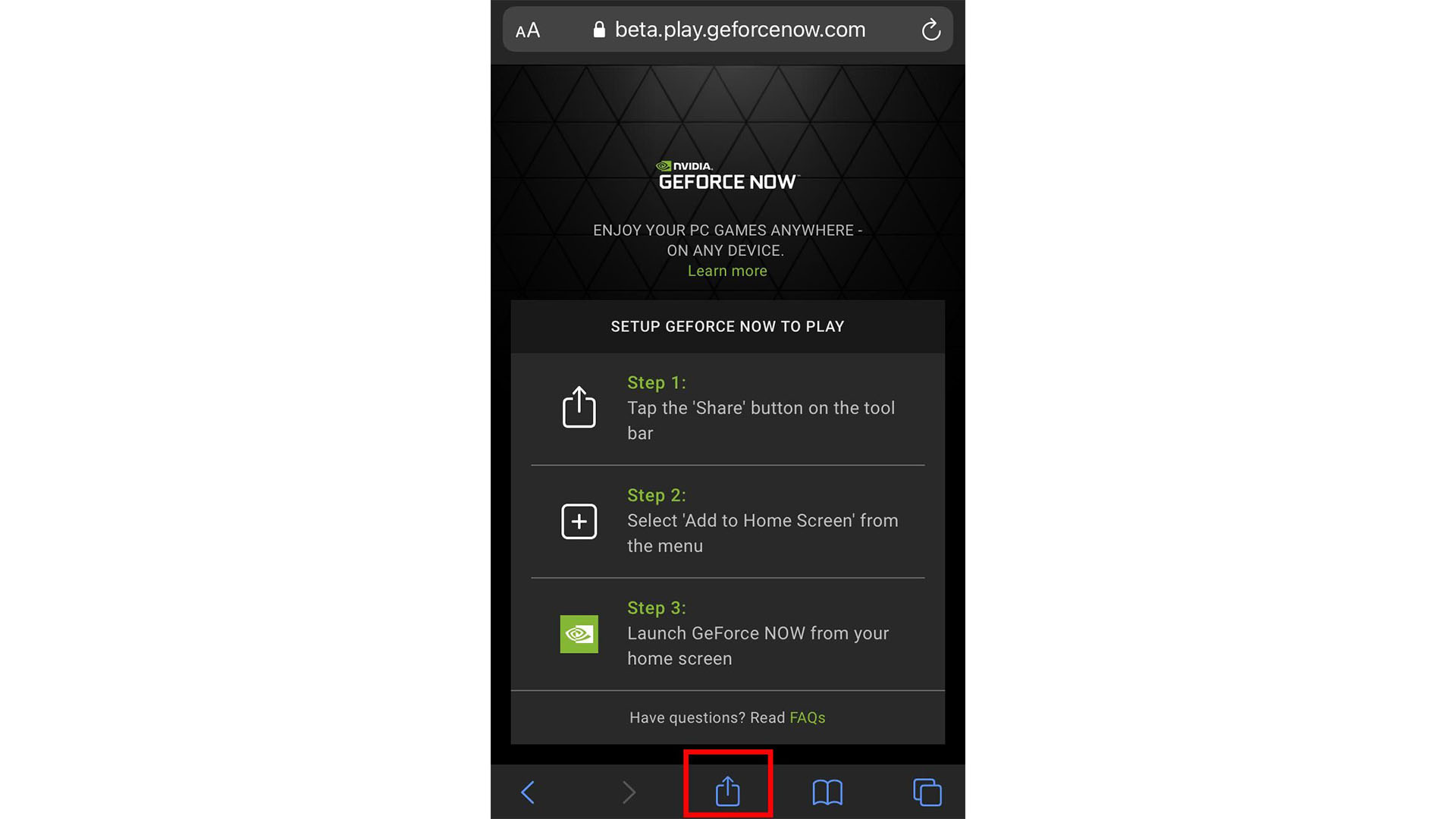 Кнопка «Поделиться» Geforce Now на iOS
