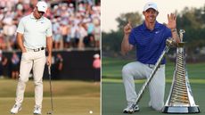 Rory McIlroy reacts after missing a putt, whilst McIlroy also celebrates following his Race to Dubai victory