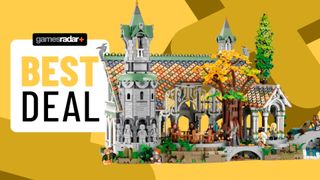 Lego Rivendell on a yellow background beside a 'best deal' badge