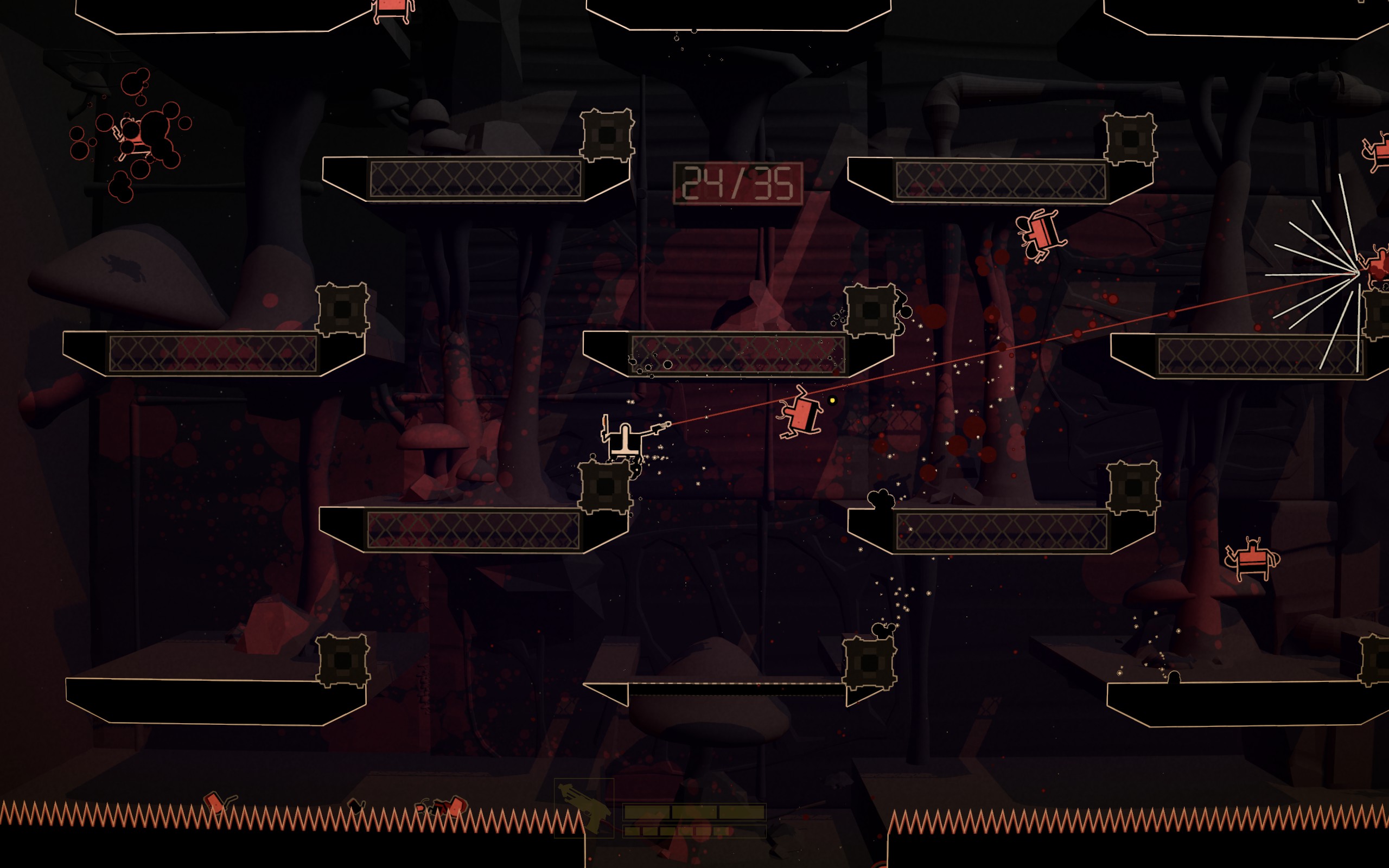 Shotgun Cop Man shoots at demons in an arena above spikes